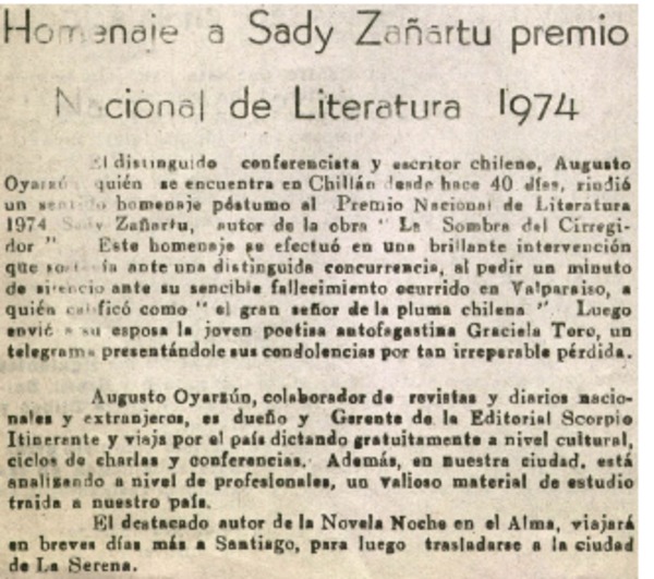 Homenaje a Sady Zañartu premio Nacional de Literatura 1974.