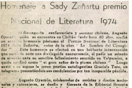 Homenaje a Sady Zañartu premio Nacional de Literatura 1974.