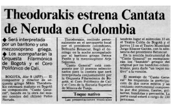 Theodorakis estrena cantata de Neruda en Colombia