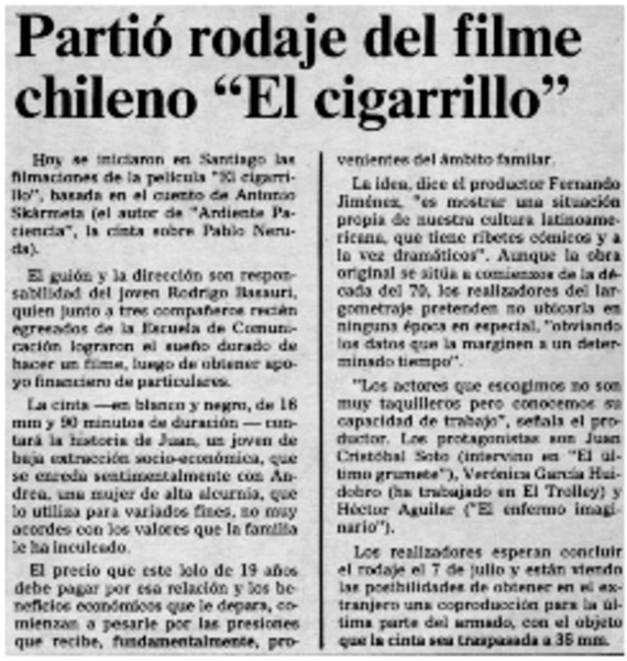 Partió rodaje del filme chileno "El cigarrillo"