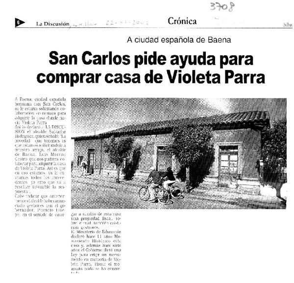San Carlos pide ayuda para comprar casa de Violeta Parra.