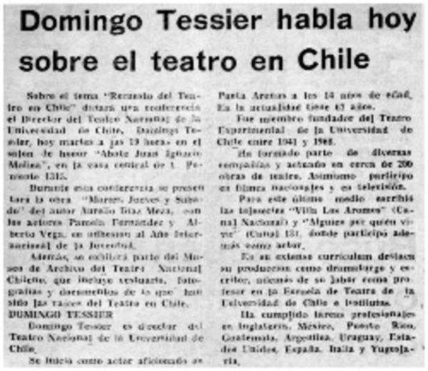 Domingo Tessier habla hoy sobre el teatro en Chile