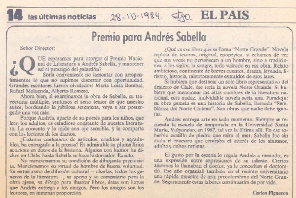Premio para Andrés Sabella