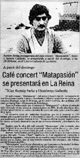 Café concert "Matapasión" se presentará en La Reina.