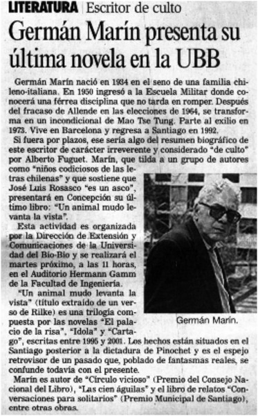 Germán Marín presenta su última novela en la UBB