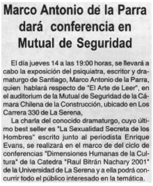 Marco Antonio de la Parra dará conferencia en Mutual de Seguridad