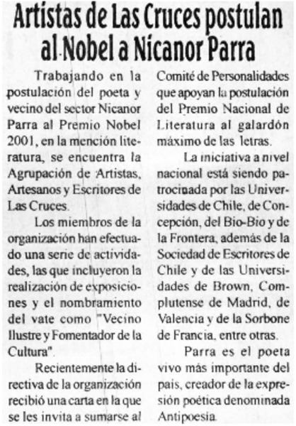Artistas de Las Cruces postulan al Nobel a Nicanor Parra