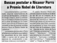 Buscan postular a Nicanor Parra a Premio Nobel de Literatura