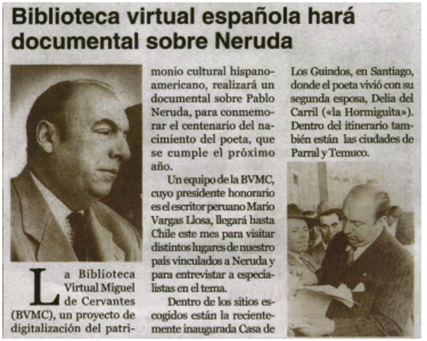 Biblioteca virtual española hará documental sobre Neruda