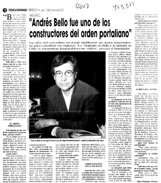 "Andrés Bello fue uno de los constructores del orden portaliano" : [entrevistas]