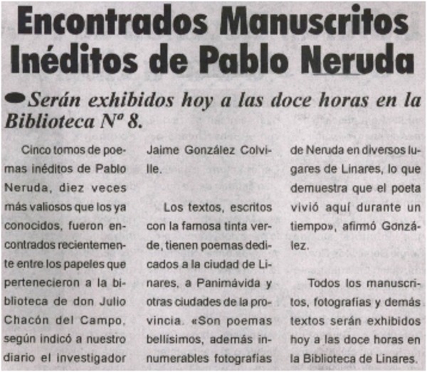 Encontrados manuscritos inéditos de Pablo Neruda