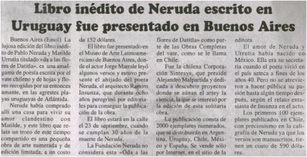 Libro inédito de Neruda escrito fue presentado en Buenos Aires