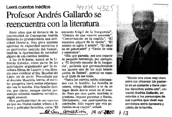 Profesor Andrés Gallardo se reencuentra con la literatura