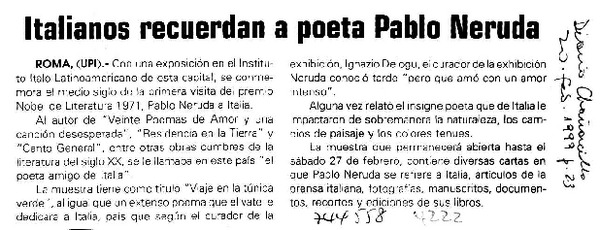 Italianos recuerdan a poeta Pablo Neruda
