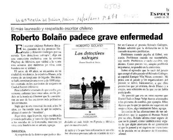 Roberto Bolaño padece grave enfermedad.