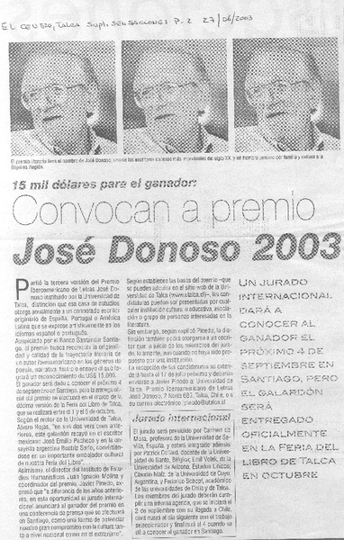 Convocan a premio José Donoso 2003 15 mil dólares para el ganador.