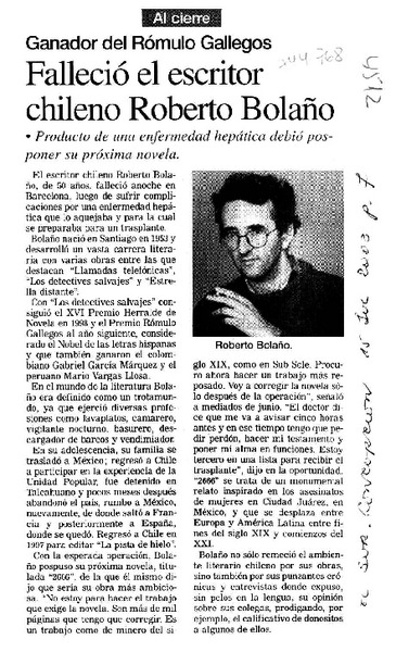 Falleció el escritor chileno Roberto Bolaño.