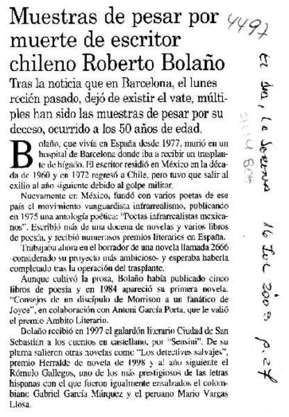 Muestras de pesar por muerte de escritor chileno Roberto Bolaño.