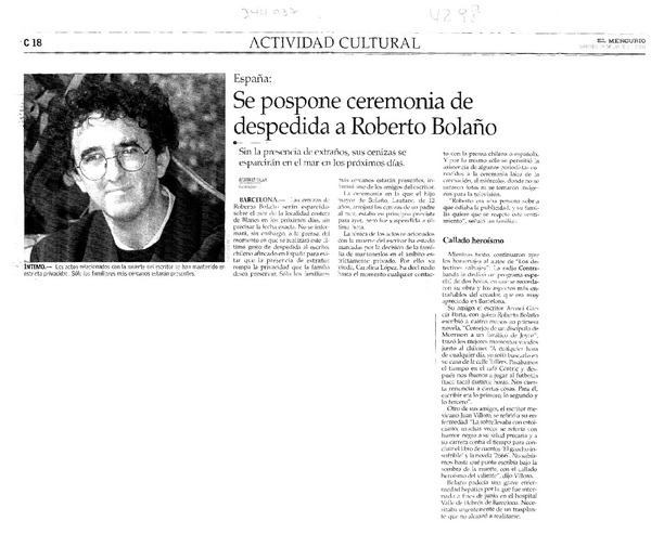Se pospone ceremonia de despedida a Roberto Bolaño