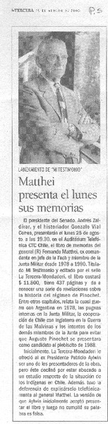 Matthei presenta el lunes sus memorias.