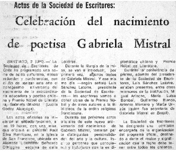 Celebración del nacimiento de poetisa Gabriela Mistral