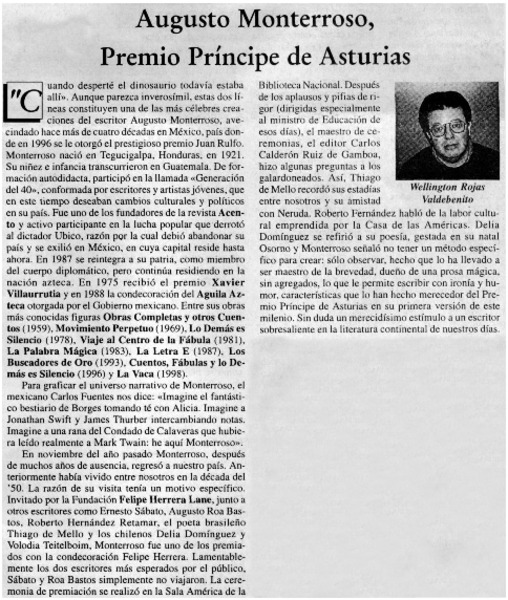 Augusto Monterroso, Premio Príncipe de Asturias