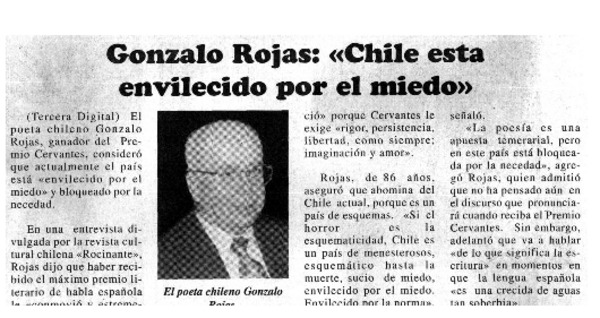Gonzalo Rojas: "Chile está envilecido por el miedo"