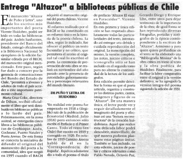 Banco del Estado: entrega "Altazor" a bibliotecas públicas de Chile