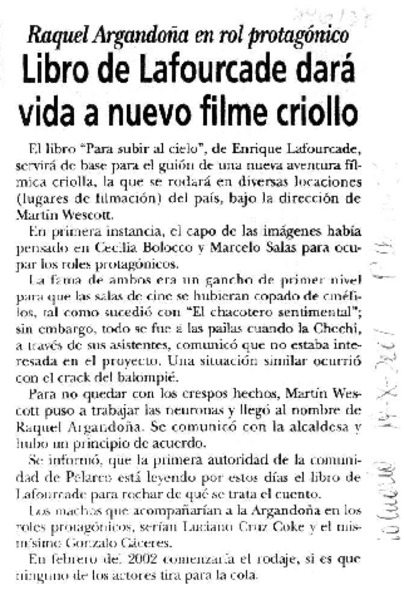 Libro de Lafourcade dará vida a nuevo filme criollo