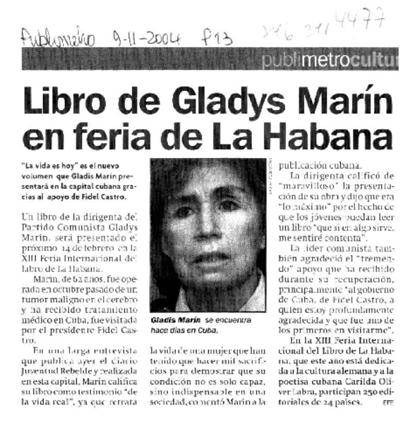 Libro de Gladys Marín en feria de La Habana