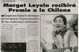 Margot Loyola recibirá Premio a lo chileno.