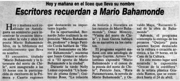 Escritores recuerdan a Mario Bahamonde.