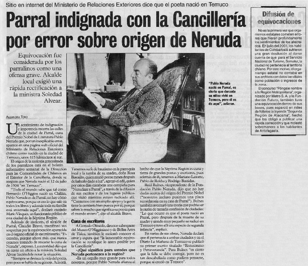 Parral indignada con la Cancillería por error sobre origen de Neruda