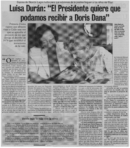 Luisa Durán: "El Presidente quiere que podamos recibir a Doris Dana" : [entrevistas]