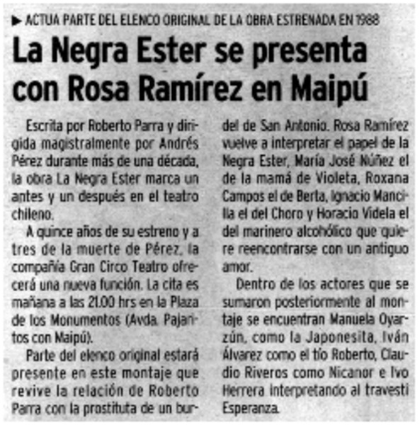 La Negra Ester se presenta con Rosa Ramírez en Maipú