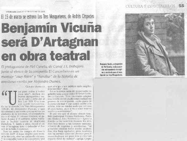 benjamín Vicuña será D'Artagnan en obra teatral