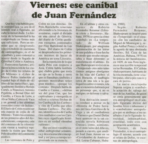 Viernes, ese caníbal de Juan Fernández.