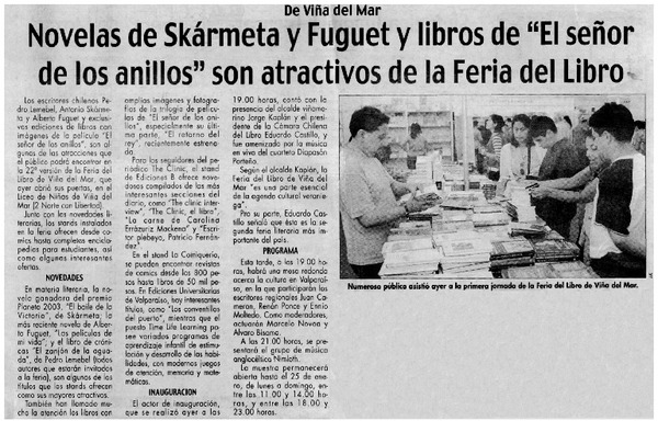 Novelas de Skármeta y Fuguet y libros de "El señor de los anillos" son atractivos de la Feria del Libro