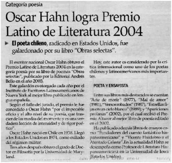 Oscar Hahn logra Premio Latino de Literatura 2004