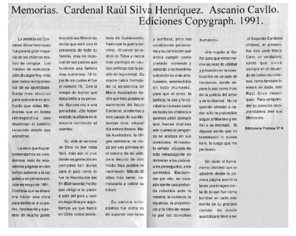 Memorias. Cardenal Raúl Silva Henríquez. Ascanio Cavllo.