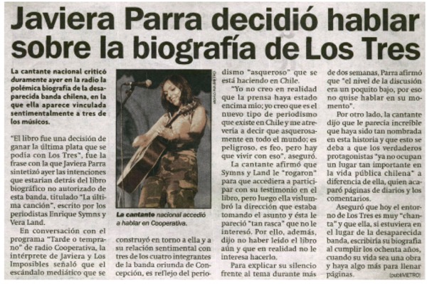 Javiera Parra decidió hablar sobre la biografía de Los Tres.