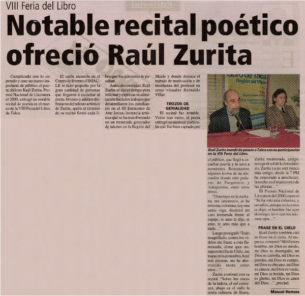 Notable recital poético ofreció Raúl Zurita