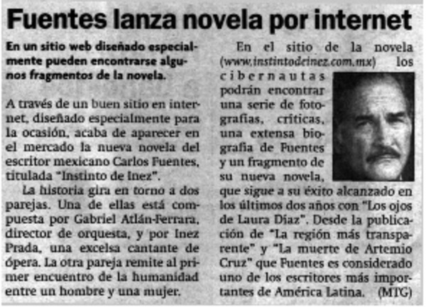 Fuentes lanza novela por internet.
