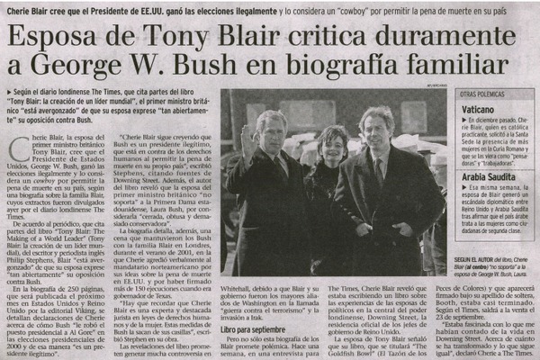 Esposa de Tony Blair critica duramente a George W. Bush en biografía familiar.