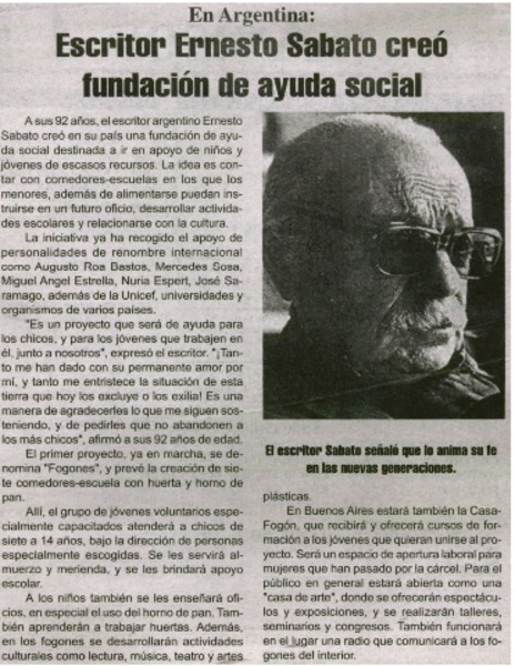 Escritor Ernesto Sabato creó fundación de ayuda social.