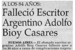 Falleció escritor argentino Adolfo Bioy Casares