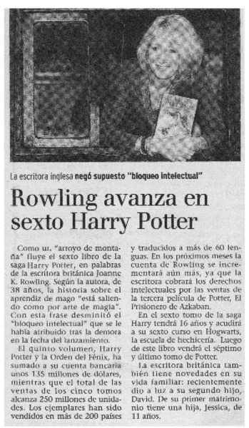 Rowling avanza en sexto Harry Potter la escritora inglesa negó supuesto "bloqueo intelectual"