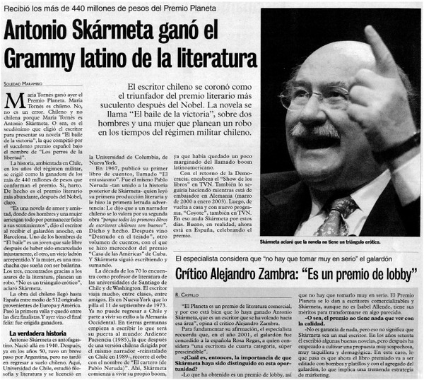 Antonio Skármeta ganó el Grammy latino de Literatura