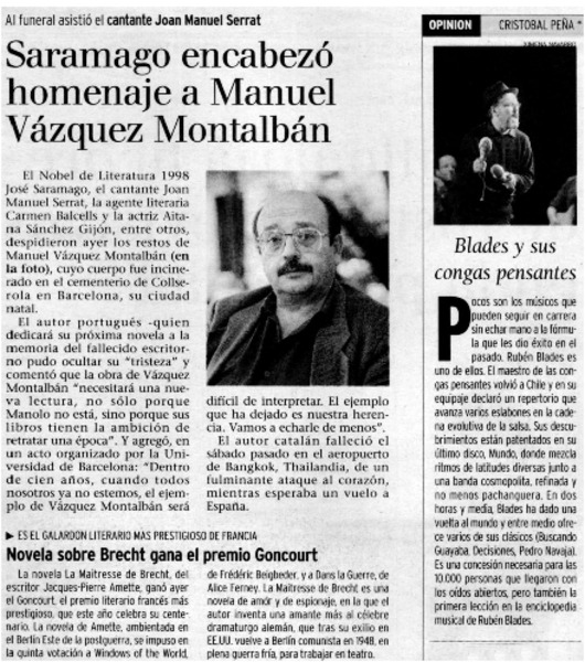 Saramago encabezó homenaje a Manuel Vásquez Montalbán.