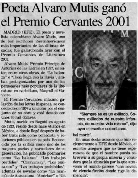 Poeta Alvaro Mutis ganóel Premio Cervantes 2001